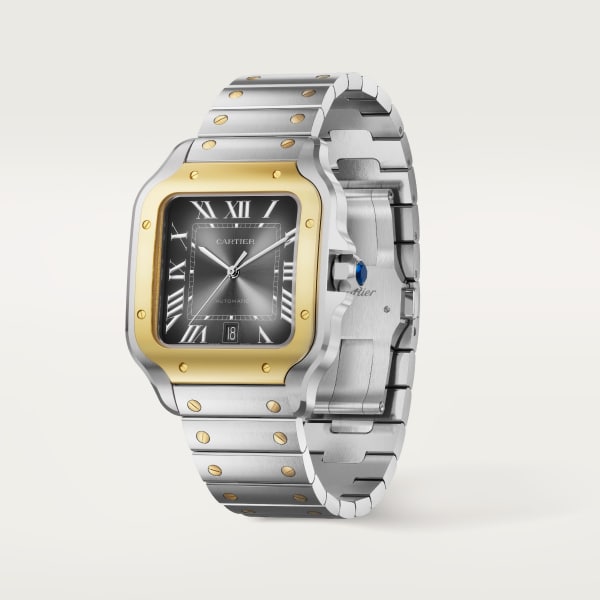 Reloj Santos de Cartier Tamaño grande, movimiento automático, oro amarillo y acero, brazalete de metal y correa de piel intercambiables