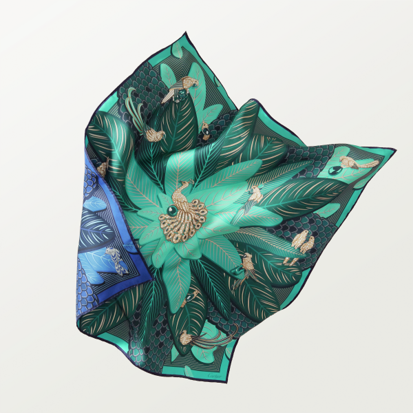 Birds of Paradise 90 scarf
 Blue and green silk twill