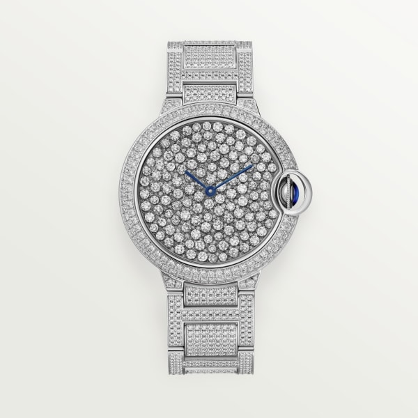 Reloj Ballon Bleu de Cartier 37 mm, movimiento mecánico automático, oro blanco, diamantes, brazalete de metal