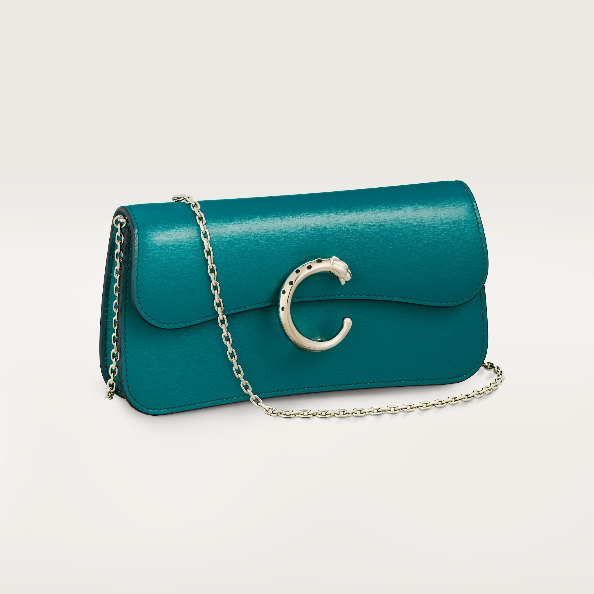 Mini model chain bag, Panthère de CartierPetrol blue calfskin, golden finish