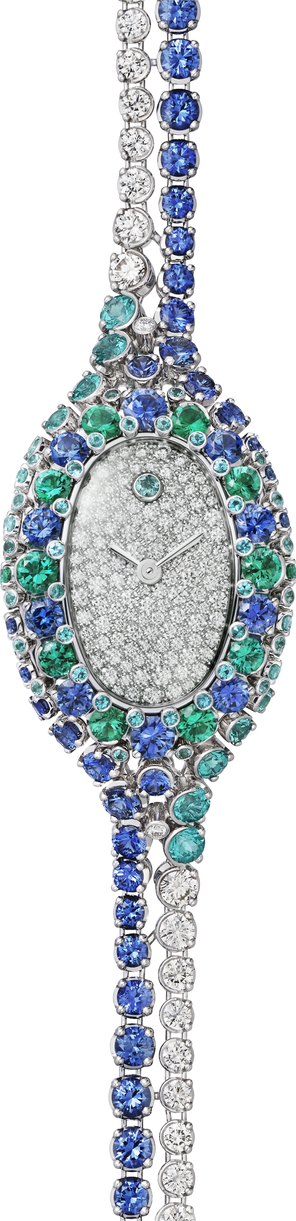 Reloj joya BaignoireTamaño mini, movimiento de cuarzo, oro blanco, zafiros, esmeraldas, turmalinas azules