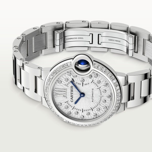 Ballon Bleu de Cartier watch 33 mm, automatic mechanical movement, steel, diamonds