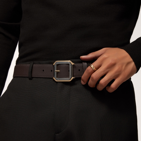 Belt, Santos de Cartier Black and brown grained cowhide, golden-finish and palladium-finish buckle