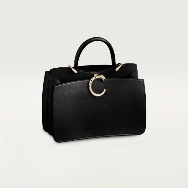 Handle bag mini model, Panthère de Cartier Black calfskin, golden finish