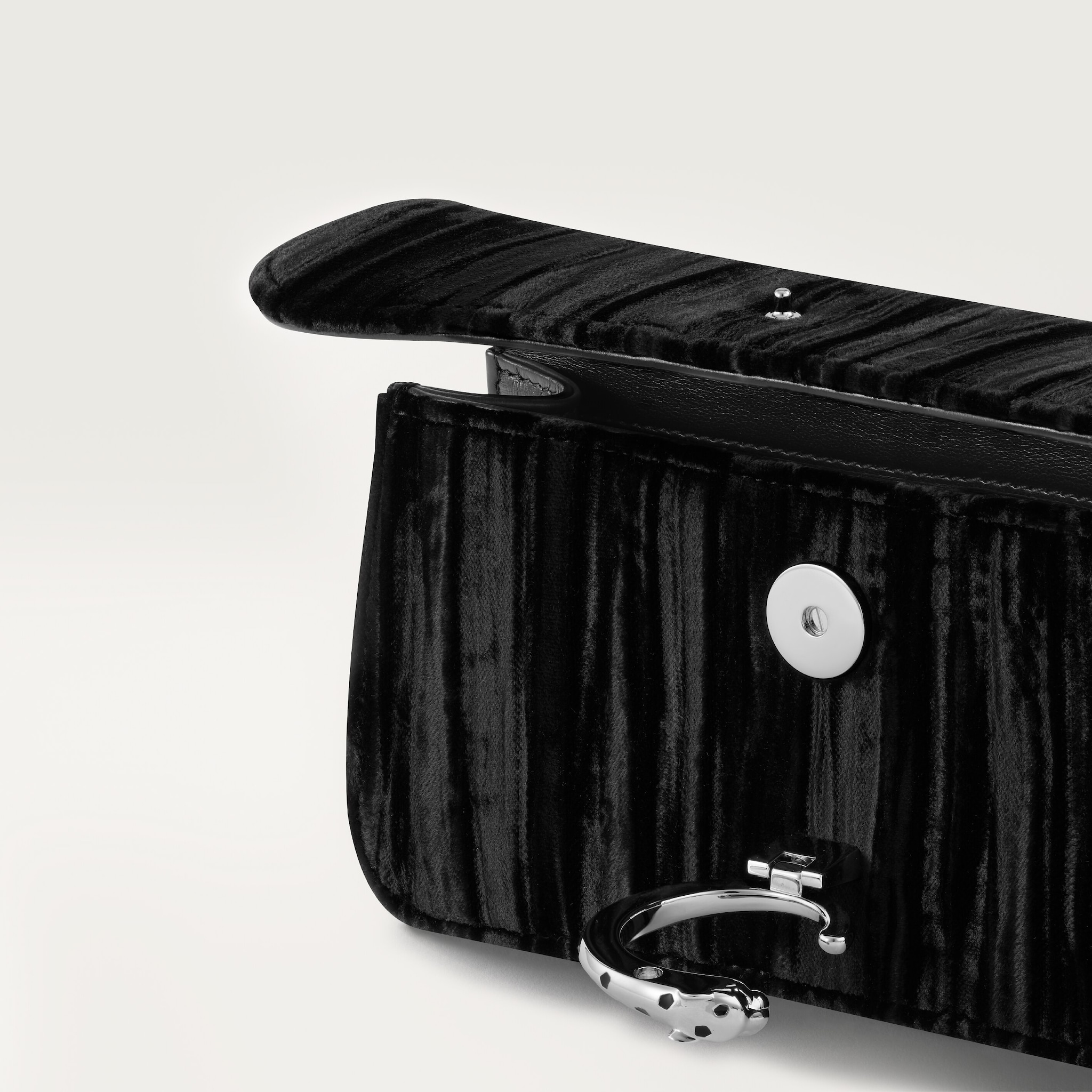 Chain bag mini, Panthère de CartierBlack pleated velvet, palladium finish and black enamel