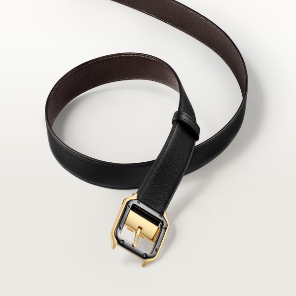 Belt, Santos de Cartier Black and brown grained cowhide, golden-finish and palladium-finish buckle