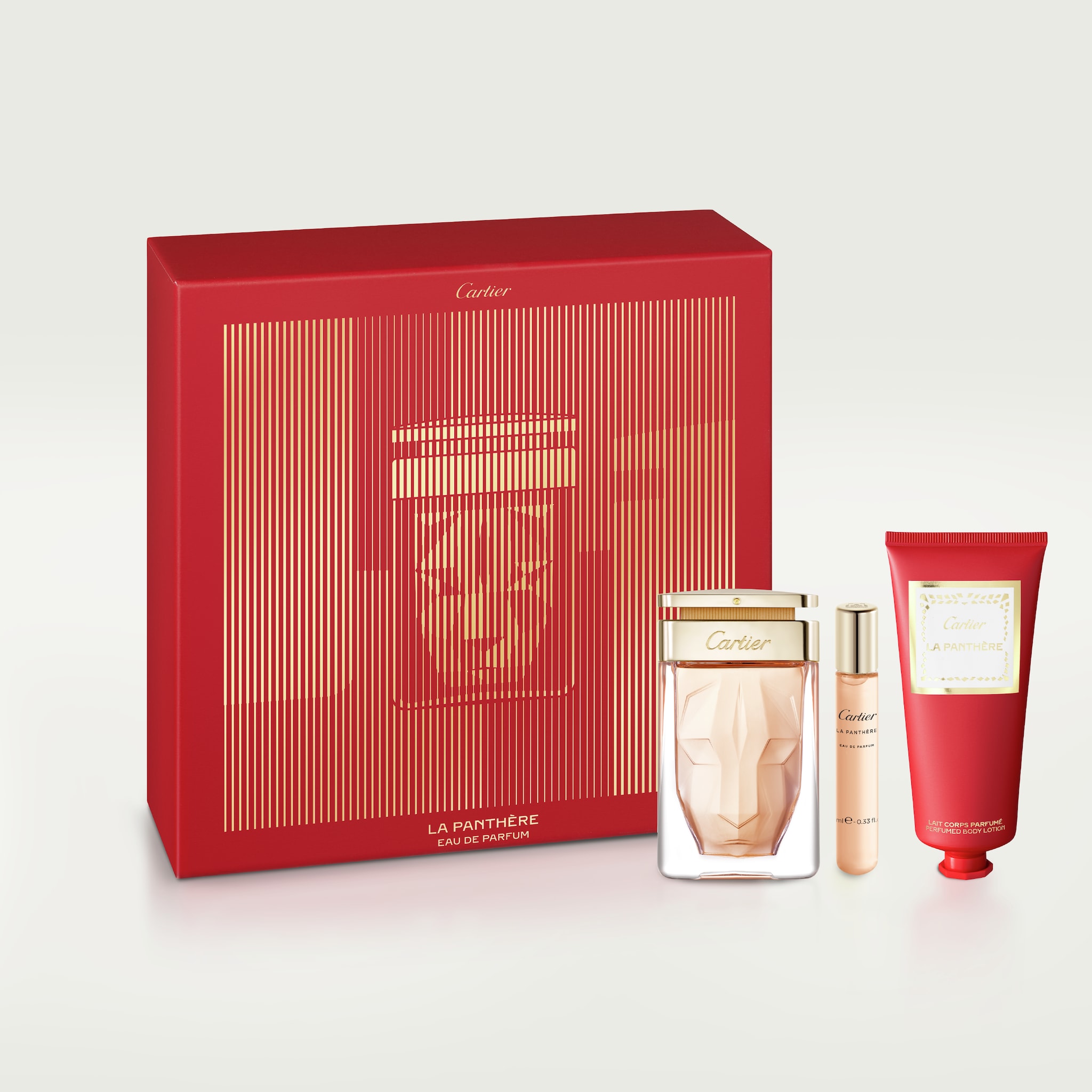 La Panthère Gift Set with 75 ml Eau de Parfum, 10 ml Purse Spray and 100 ml Perfumed Body Lotion.Gift set