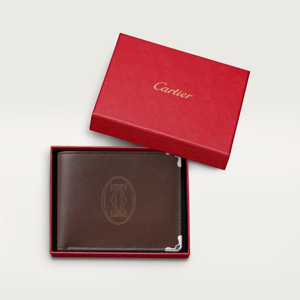 Pequeña marroquinería Must de Cartier, cartera compacta Piel de becerro dots chocolate, acabado paladio