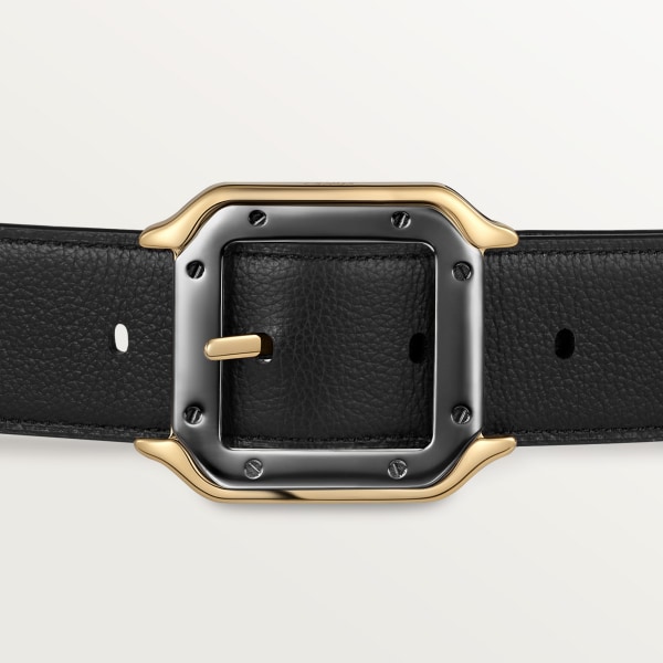 Belt, Santos de Cartier Black and brown grained cowhide, golden-finish and palladium-finish buckle