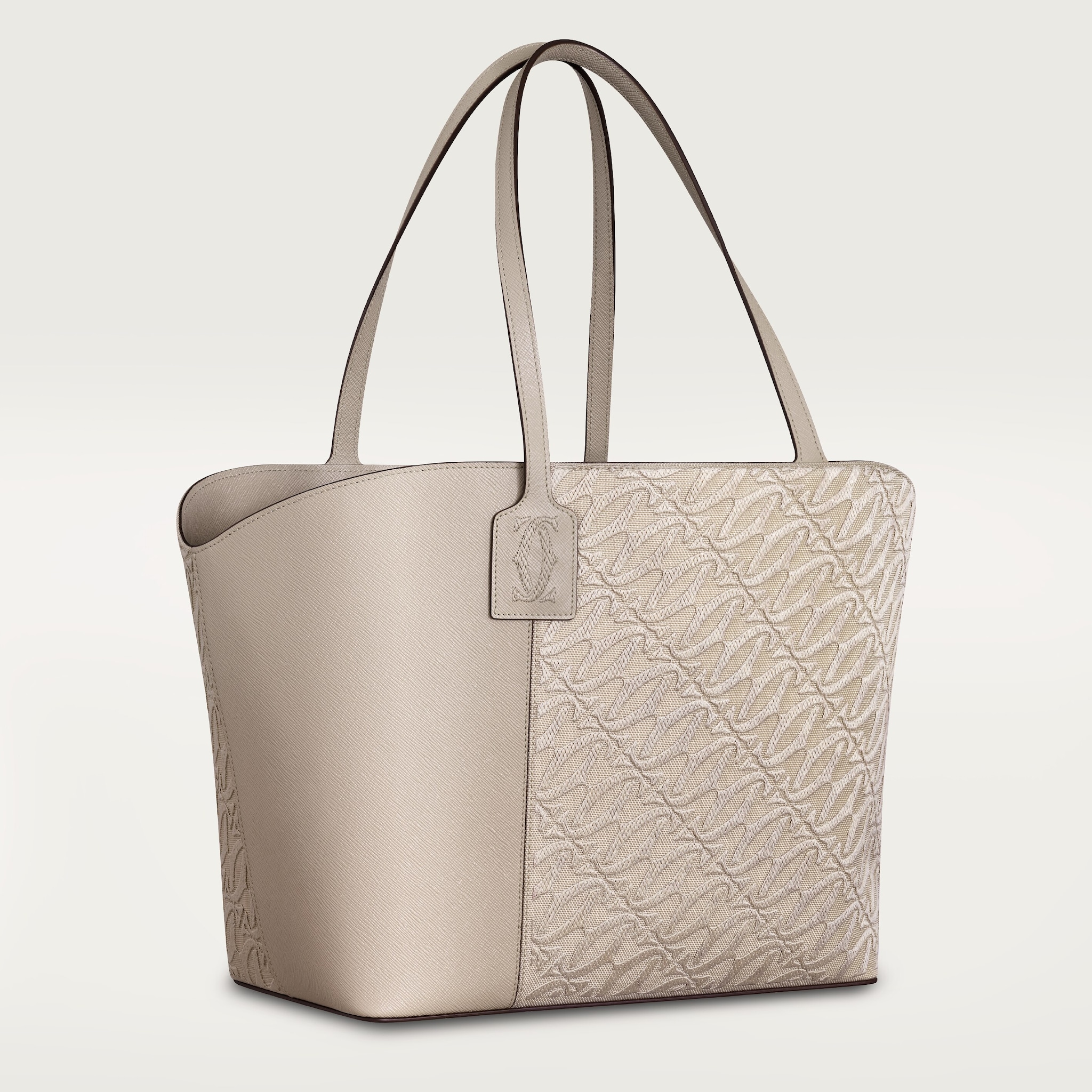 Tote bag, C de CartierBeige getextureerd kalfsleder en borduurwerk, goudkleurige afwerking