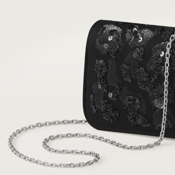 Panthère de Cartier bag, chain bag Leopard embroidery in pearls and shiny thread, wool base, fabric, palladium finish and black enamel