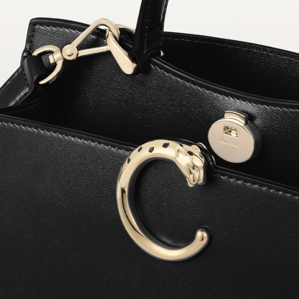 Handle bag mini model, Panthère de Cartier Black calfskin, golden finish