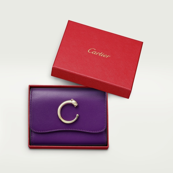 Pequeña marroquinería Panthère de Cartier, cartera compacta Piel de becerro violeta, acabado dorado