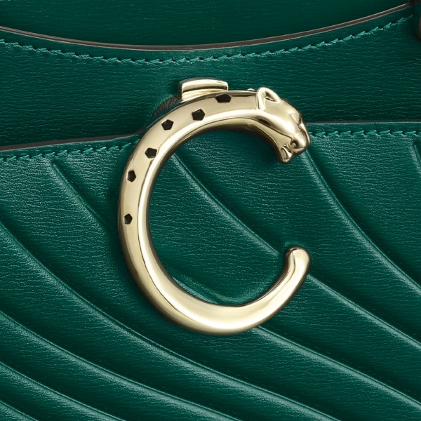 Handle bag mini model, Panthère de Cartier Emerald green calfskin, embossed Cartier signature motif, golden finish