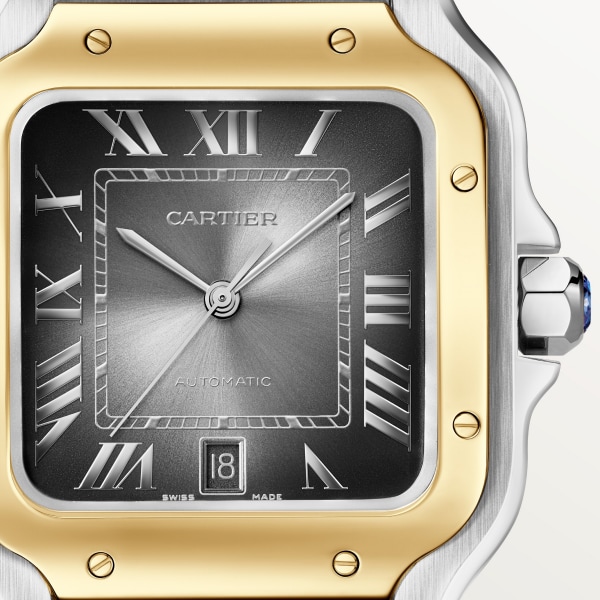 Reloj Santos de Cartier Tamaño grande, movimiento automático, oro amarillo y acero, brazalete de metal y correa de piel intercambiables