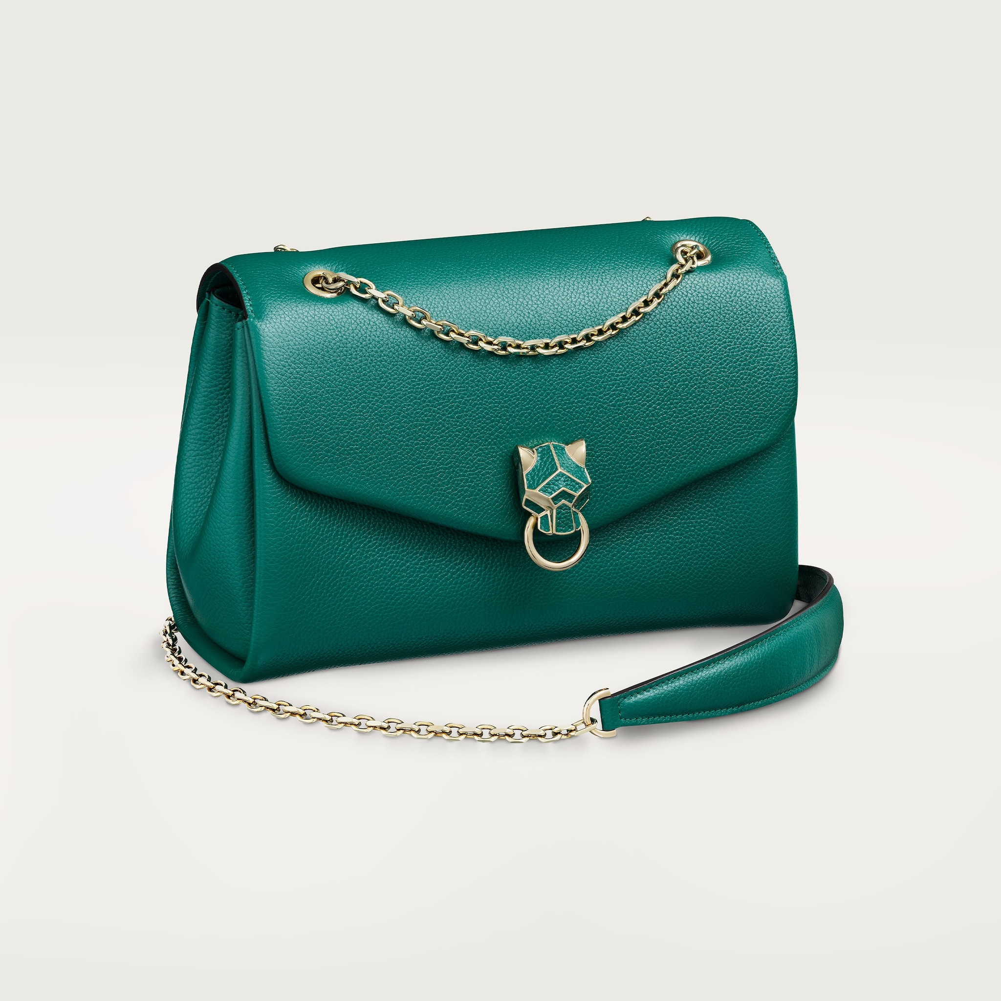 Chain bag small model, Panthère de CartierBright green calfskin, golden finish