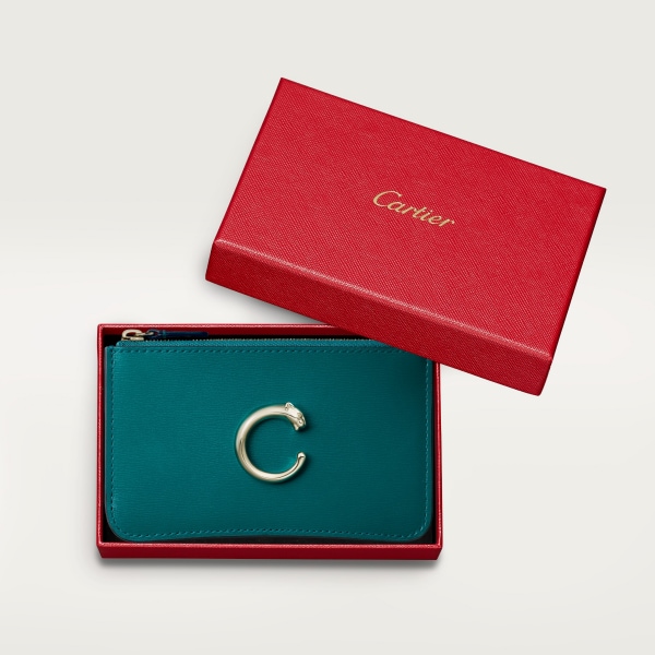 Zipped card holder, Panthère de Cartier Petrol blue calfskin, golden finish