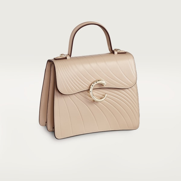 Small model handle bag, Panthère de Cartier Light beige calfskin, embossed Cartier signature motif, golden finish