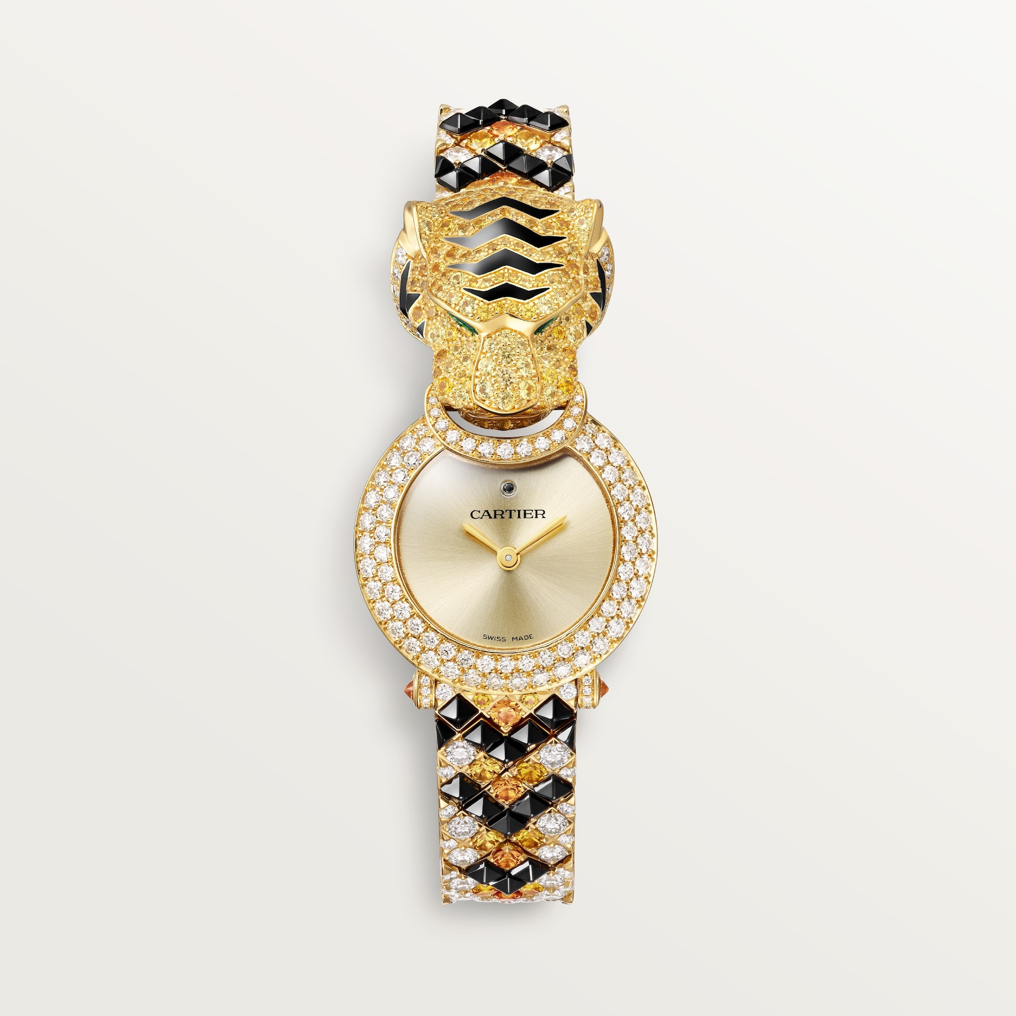 Reloj joya con animales 23,6 mm, movimiento de cuarzo, oro amarillo, zafiros, esmeraldas, diamantes