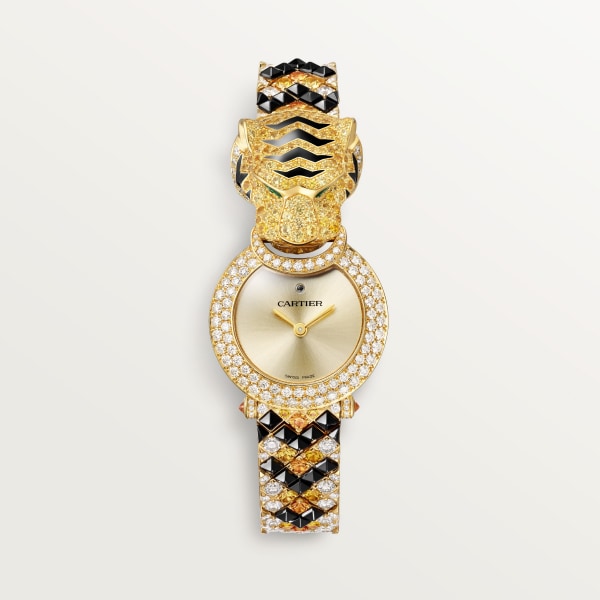 Animal Jewelry watch  23.6mm, quartz movement, yellow gold, sapphires, emeralds, diamonds