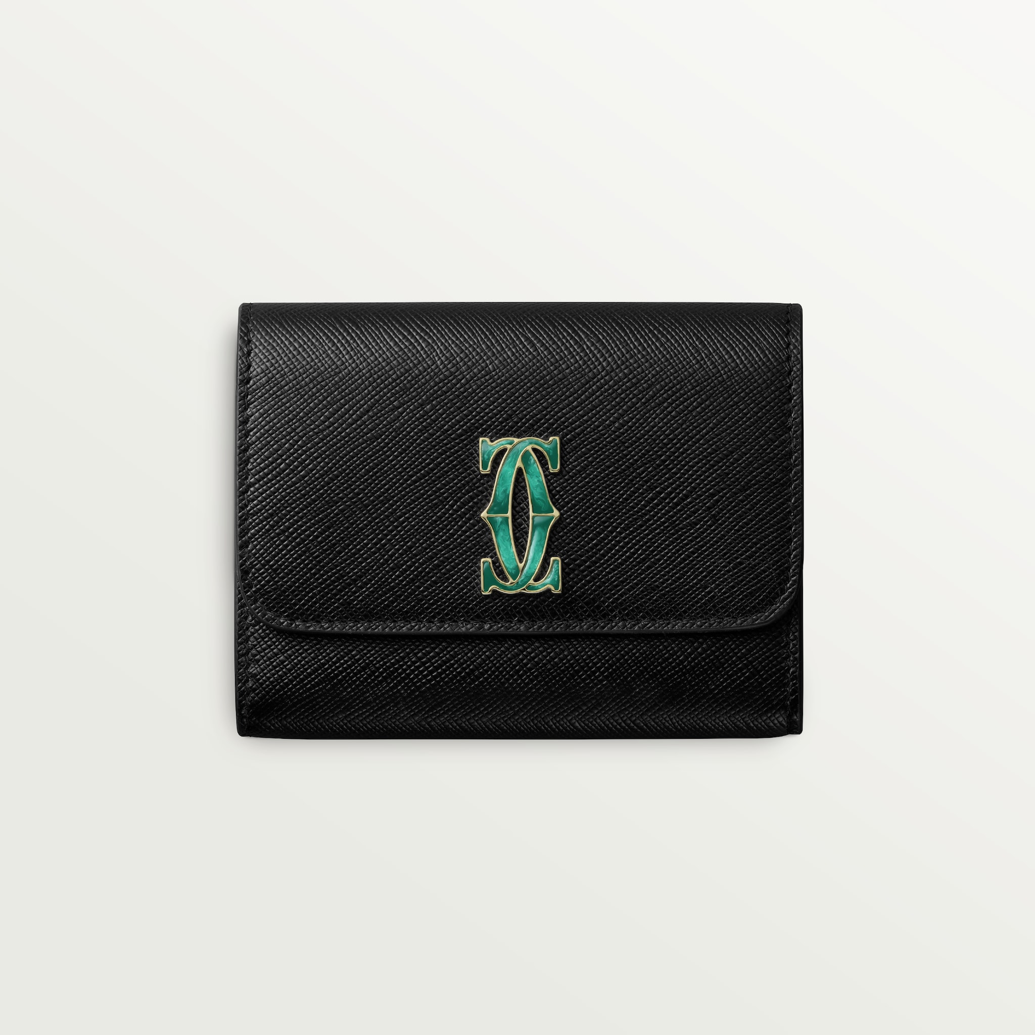 Mini wallet, C de CartierBlack textured calfskin, golden finish and graduated green enamel