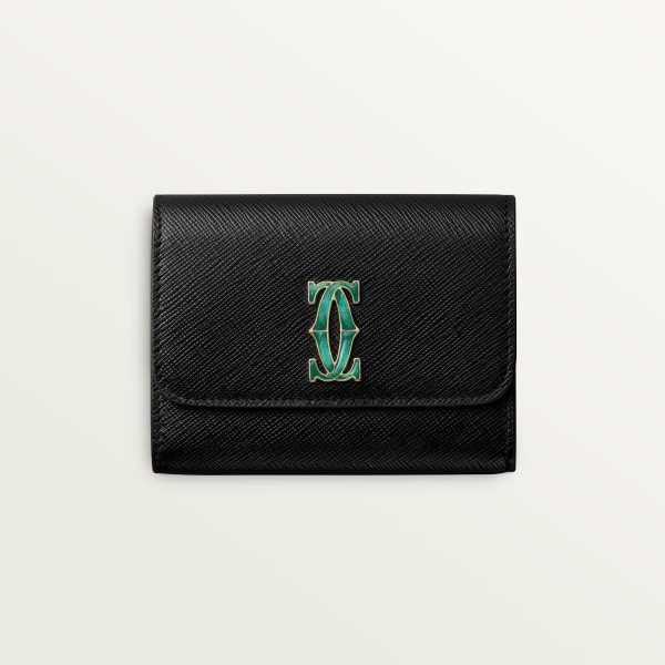 Mini wallet, C de Cartier Black textured calfskin, golden finish and graduated green enamel