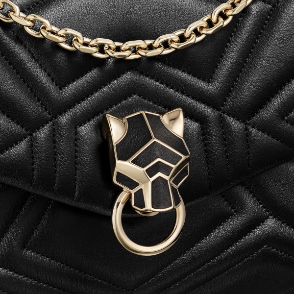 Chain bag mini, Panthère de Cartier Black calfskin, golden finish