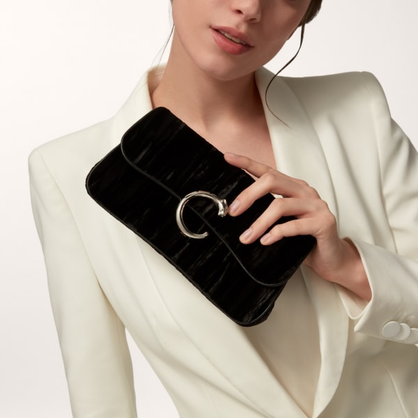 Chain bag mini, Panthère de Cartier Black pleated velvet, palladium finish and black enamel