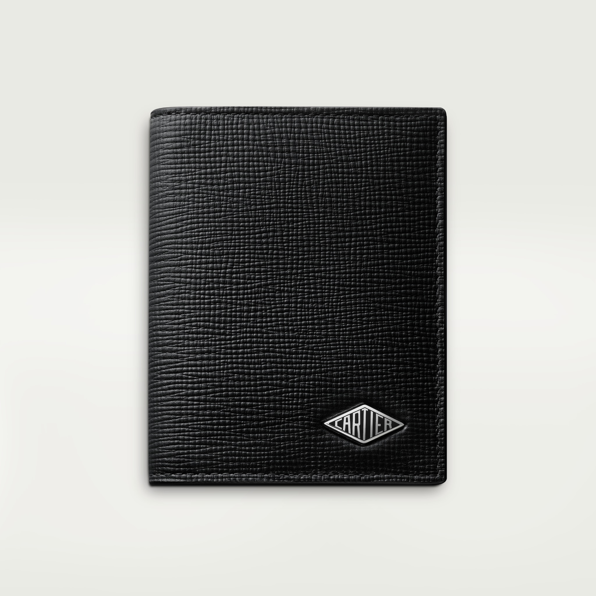 Four-credit card holder, Cartier LosangeGrained black calfskin, black enamel and palladium finish
