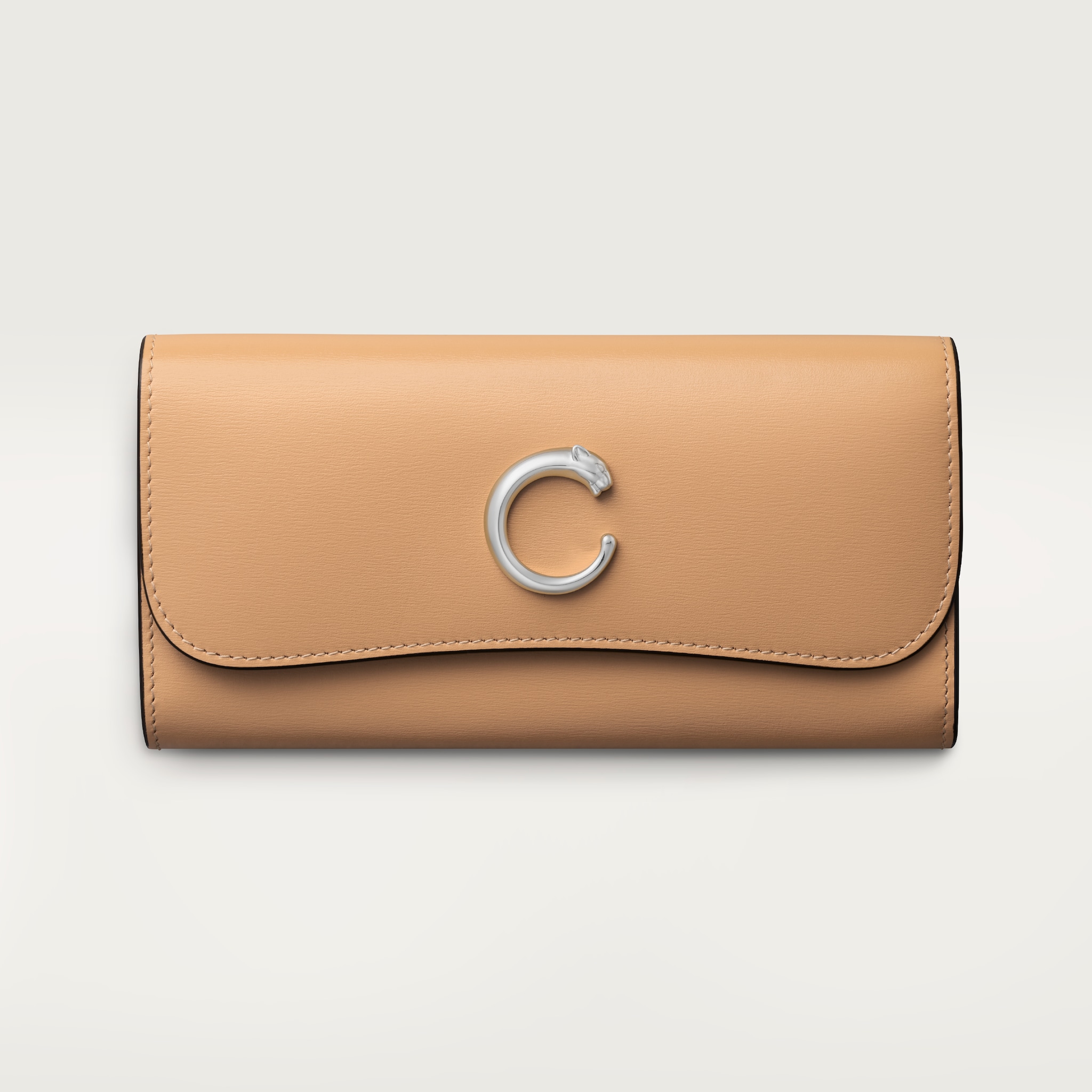 International wallet with flap, Panthère de CartierCamel beige calfskin, palladium finish