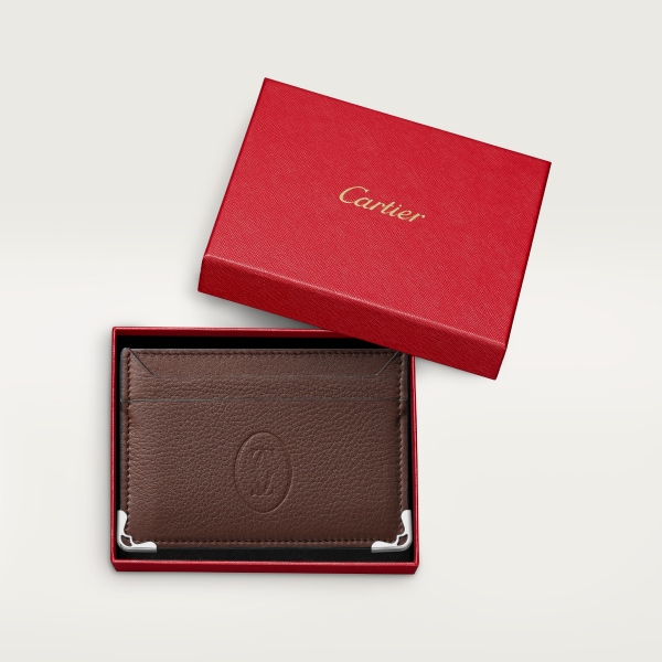 Pequeña marroquinería Must de Cartier, tarjetero Piel de becerro chocolate, acabado paladio