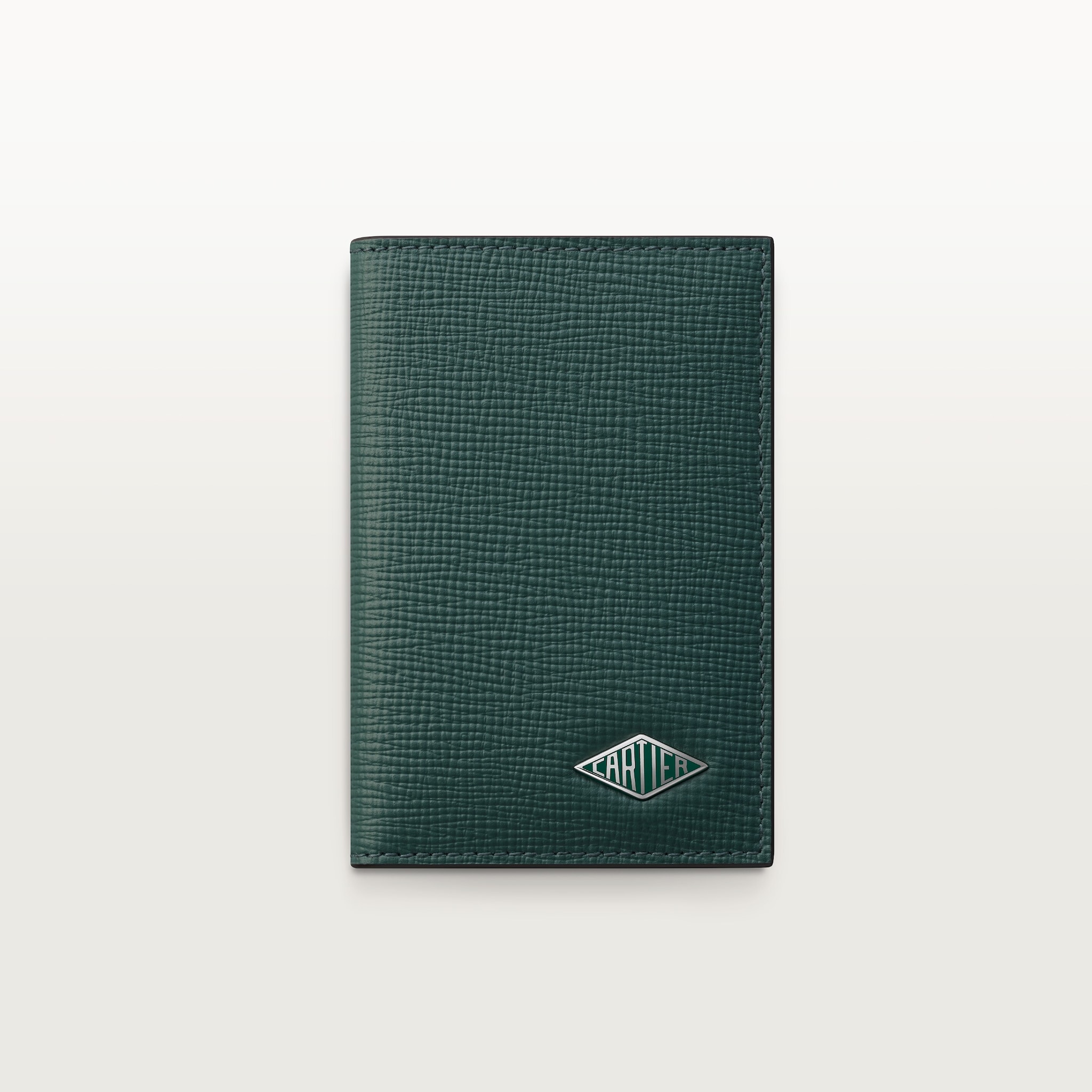 Four-credit card holder, Cartier LosangePine green grained calfskin, palladium finish and pine green enamel