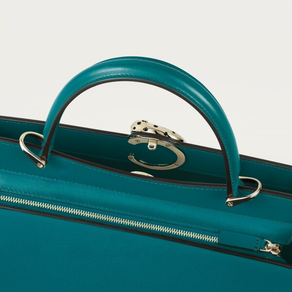 Small model handle bag, Panthère de Cartier Petrol blue calfskin, golden finish