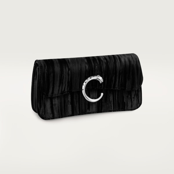 Chain bag mini, Panthère de Cartier Black pleated velvet, palladium finish and black enamel