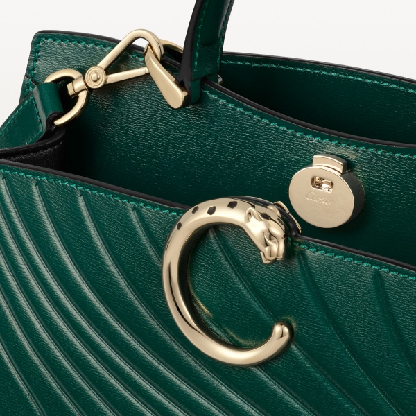 Handle bag mini model, Panthère de Cartier Emerald green calfskin, embossed Cartier signature motif, golden finish