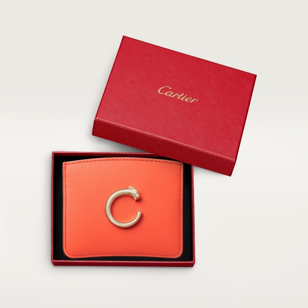 Simple card holder, Panthère de Cartier Tangerine calfskin, golden finish