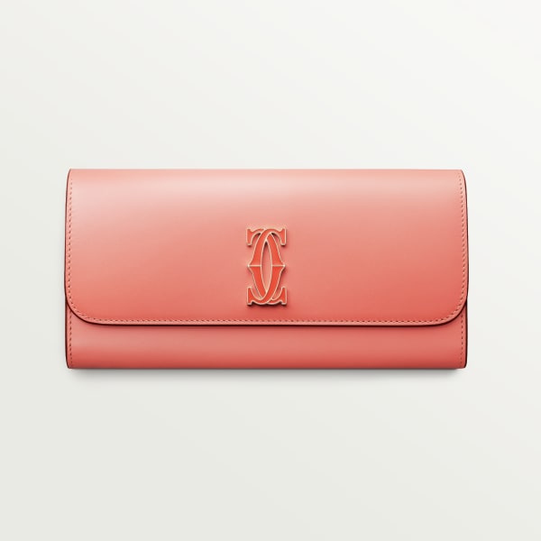 C de Cartier Small Leather Goods, Wallet Two-tone coral/light coral calfskin, golden finish and coral/light coral enamel