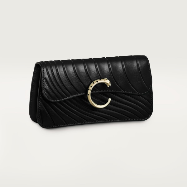 Chain bag mini, Panthère de Cartier Black calfskin, embossed Cartier signature motif, golden finish