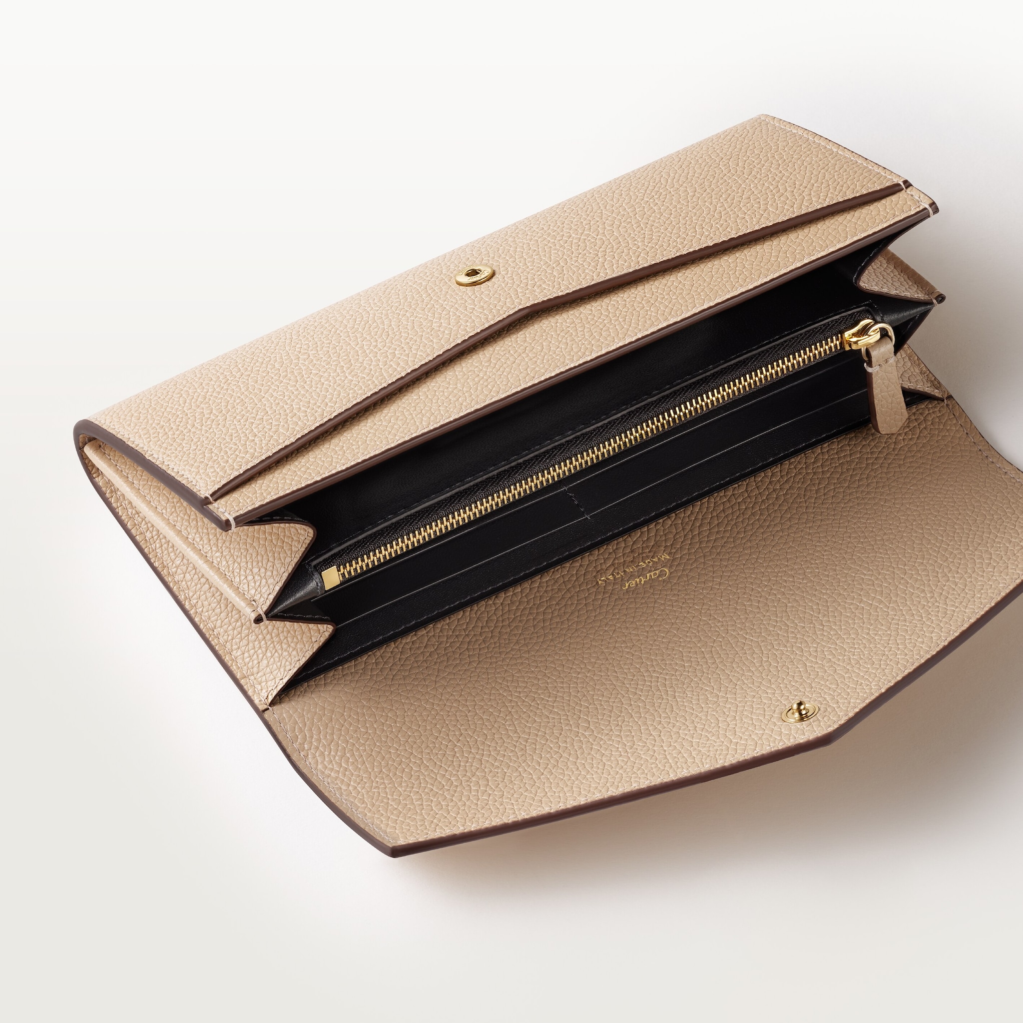 International wallet with flap, Panthère de CartierLight beige grained calfskin, golden finish