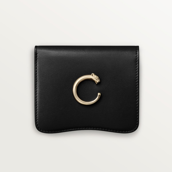 Bifold wallet, Panthère de Cartier Black calfskin, golden finish