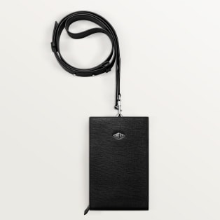 Phone pouch, Cartier Losange Grained black calfskin, palladium finish and enamel