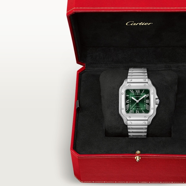 Reloj Santos de Cartier Tamaño mediano, movimiento automático, acero, brazalete de metal y correa de piel intercambiables