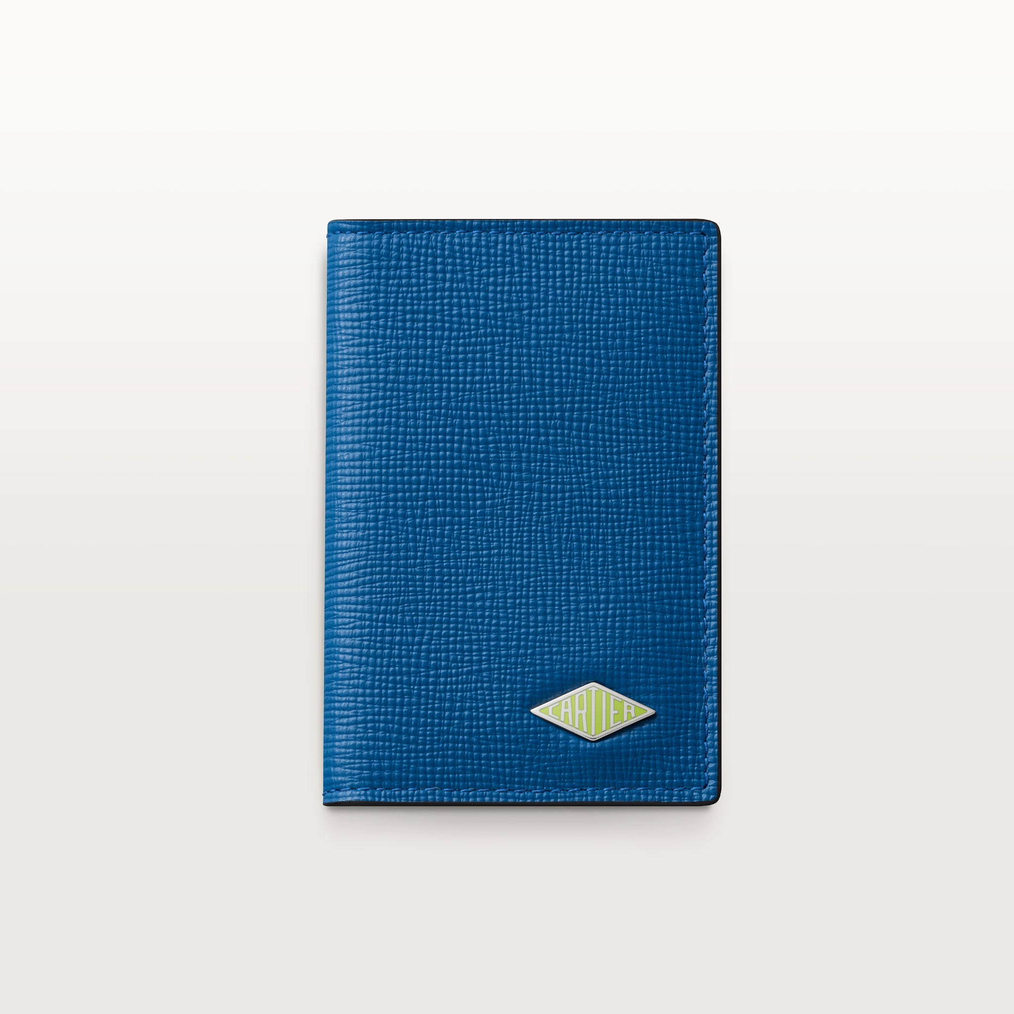 Four-credit card holder, Cartier LosangeOcean blue grained calfskin, palladium finish and lime enamel