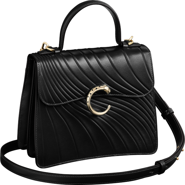 Handle bag mini model, Panthère de Cartier Black calfskin, embossed Cartier signature motif, golden finish