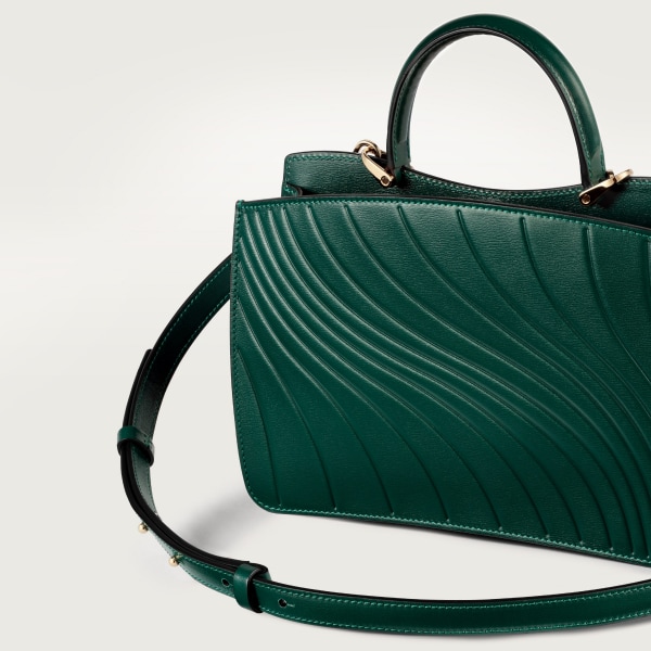 Handle bag mini model, Panthère de Cartier Emerald green calfskin, embossed Cartier signature motif, golden finish