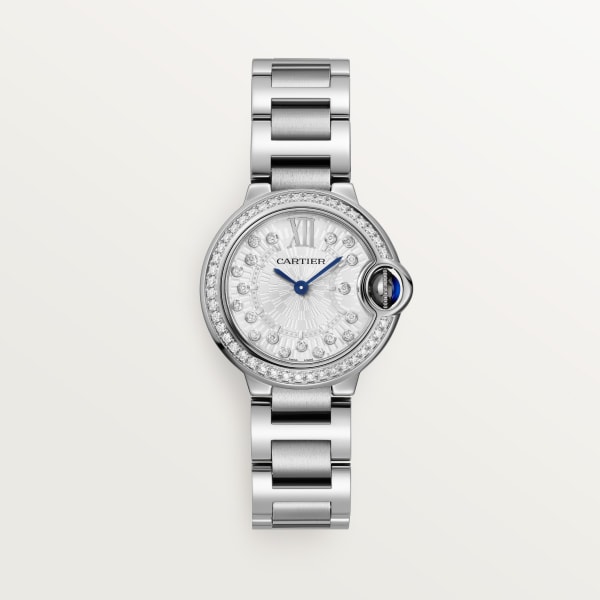 Ballon Bleu de Cartier watch 28 mm, quartz movement, steel, diamonds