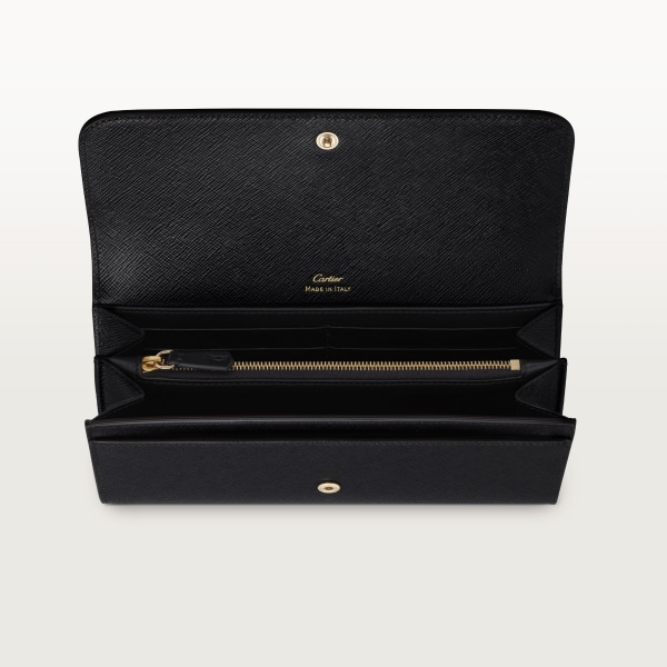 International wallet with flap, C de Cartier Black textured calfskin, golden finish and graduated green enamel