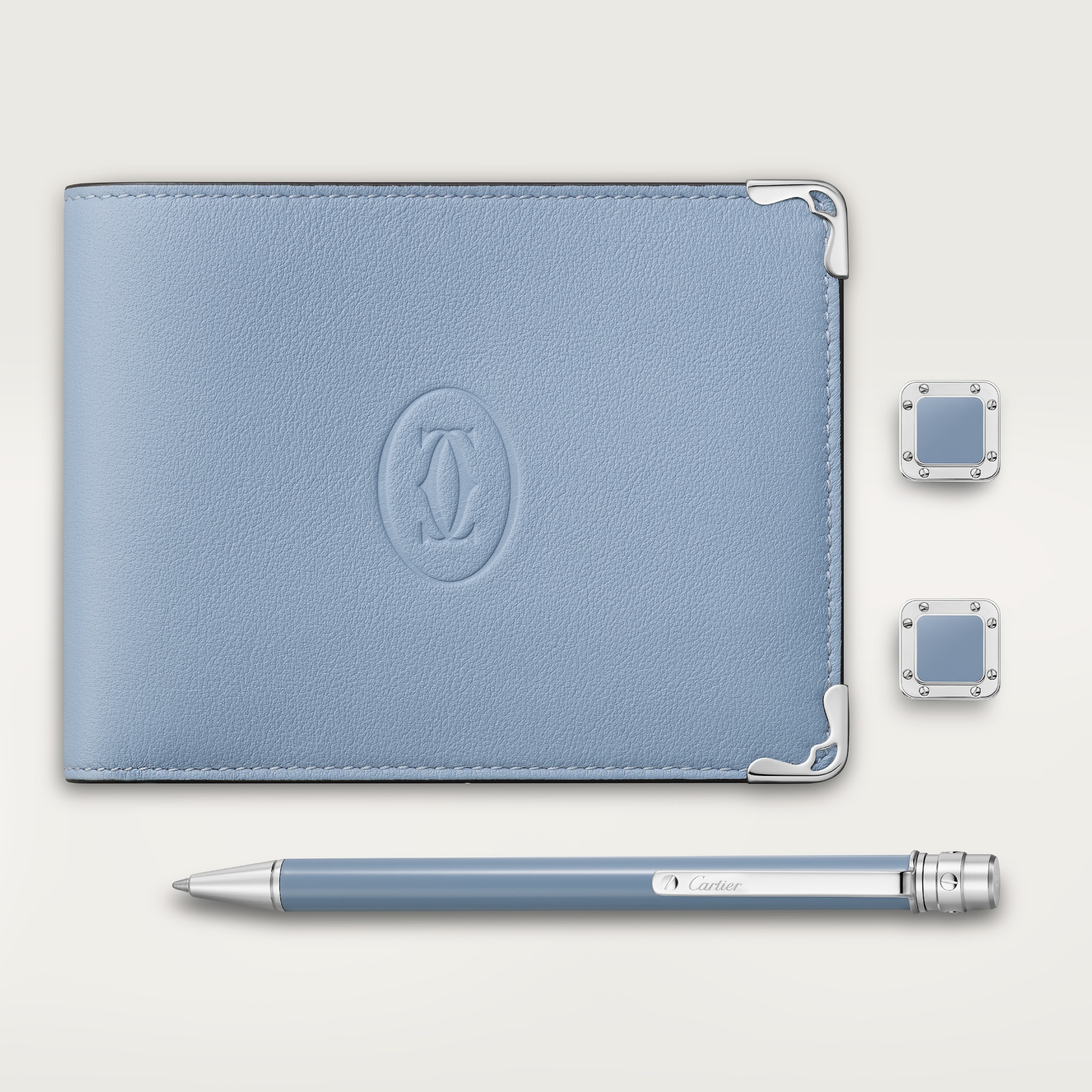 Santos de Cartier cufflinks, pen and wallet setGrey-blue colour