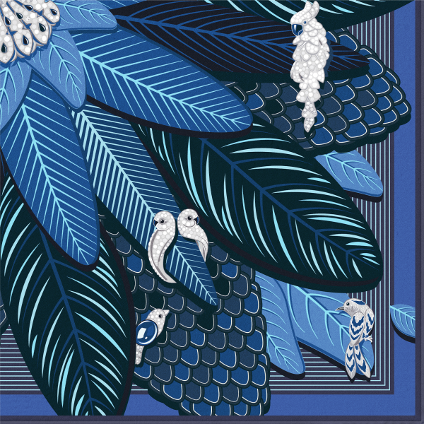 Birds of Paradise 90 scarf
 Blue and green silk twill