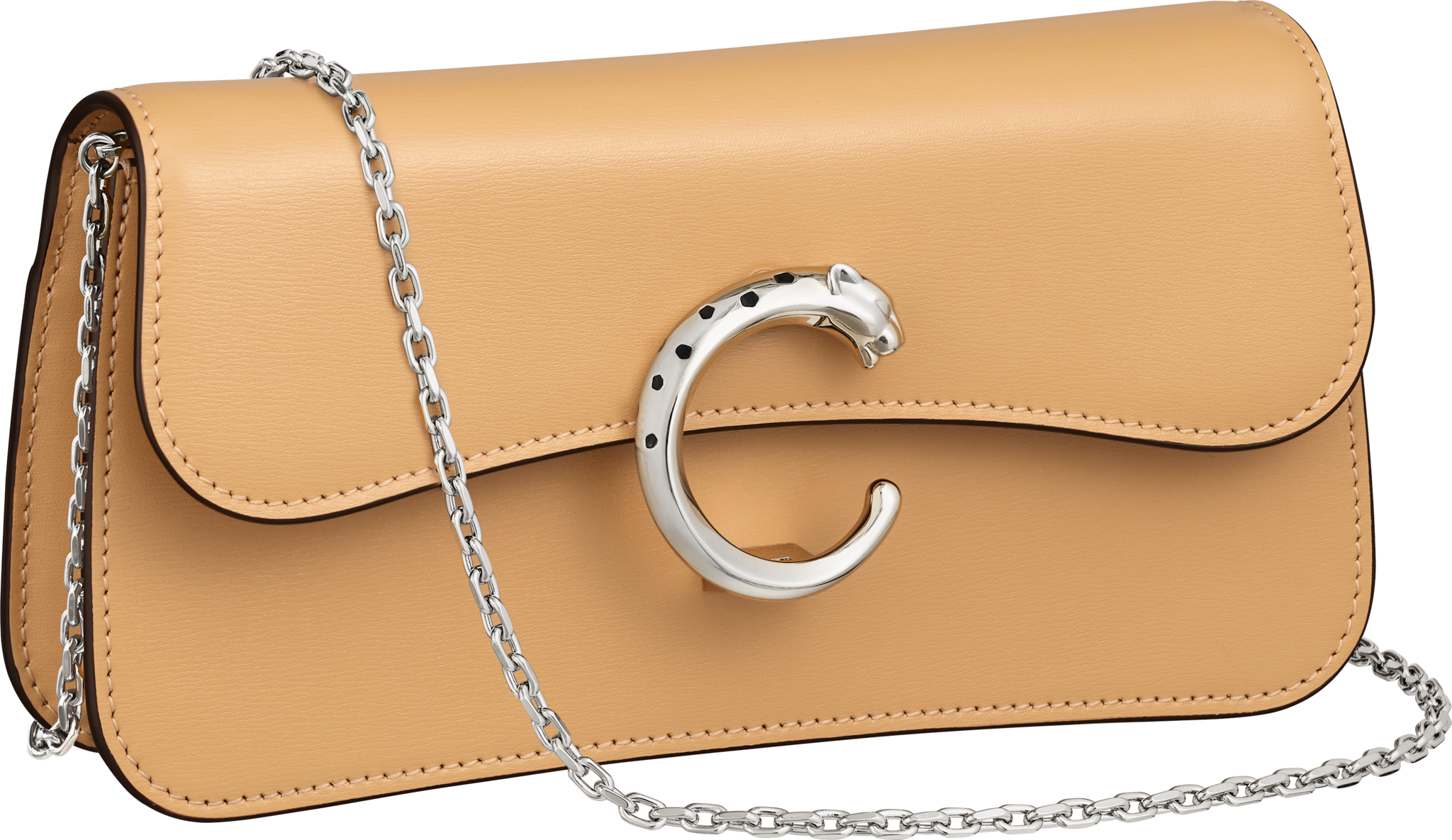 Chain bag mini model, Panthère de CartierCamel beige calfskin, palladium finish
